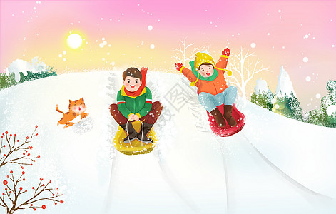 车儿童下雪天玩滑雪的儿童插画