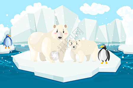 全球变暖冰块上的企鹅和北极熊背景图片