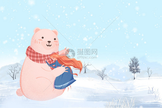 冬天拥抱狗熊的女孩图片