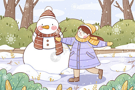 小寒女孩与雪人插画图片