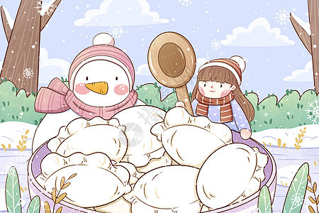 冬至女孩与雪人吃饺子插画图片