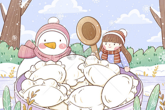 冬至女孩与雪人吃饺子插画图片
