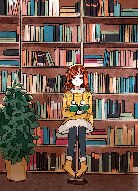 绘本风书店里看书的女孩