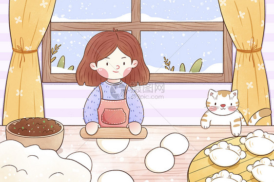 冬至女孩做饺子插画图片