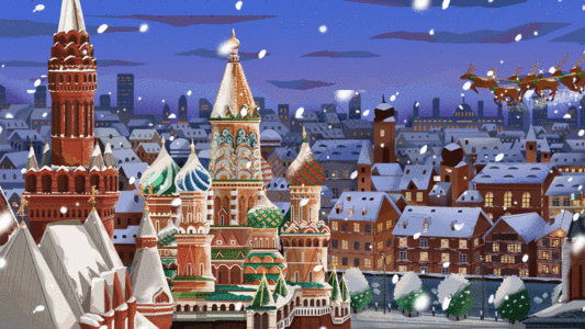 莫斯科教堂圣诞节雪夜城市上空圣诞老人送礼物GIF高清图片