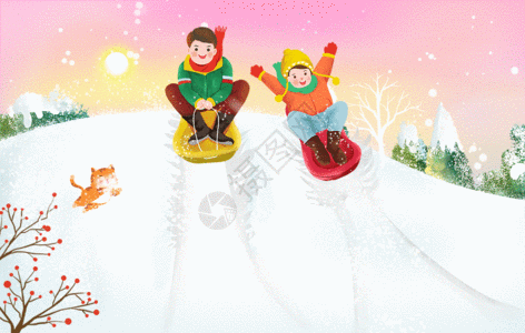 孩子车下雪天玩滑雪的儿童GIF高清图片