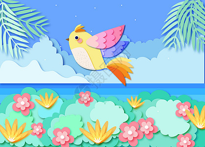 春天的小鸟立体剪纸风插画图片