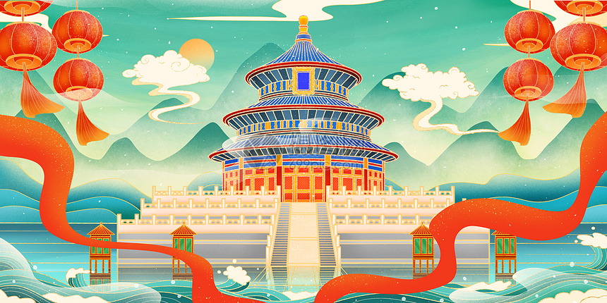国潮新年鎏金城市北京天坛建筑地标图片