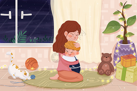 国际母亲节拥抱的母子插画