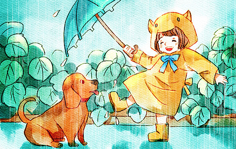 雨中玩耍的小女孩和狗子水彩画图片