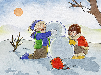 在冬天温暖的阳光下两个小朋友在堆雪人图片