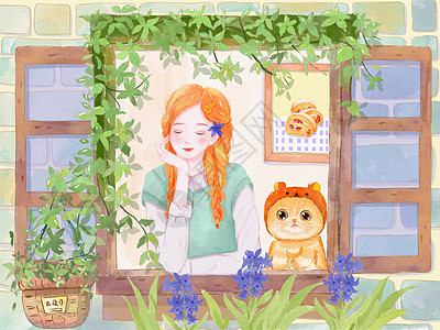 春天气息少女和猫咪水彩插画背景图片