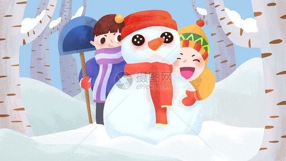 节气大寒堆雪人插画图片