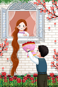 窗外的男孩给长发女孩送玫瑰图片