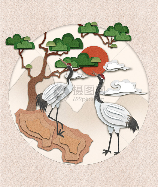 剪纸风鹤中国风插画图片