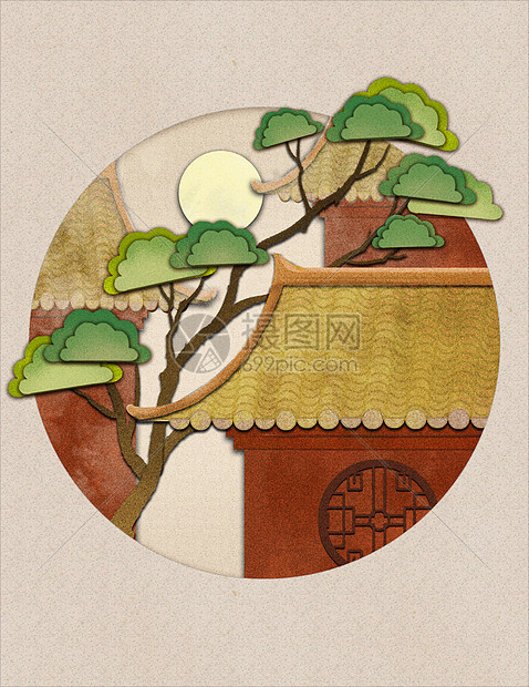 剪纸风中式建筑中国风插画图片