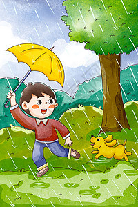 雨水时节丛林奔跑的小男孩图片