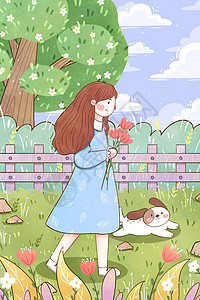 春天女孩与小狗散步插画图片