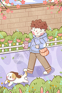 春天清新手绘男孩与小狗插画图片