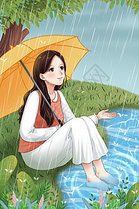 雨中河边的女孩图片