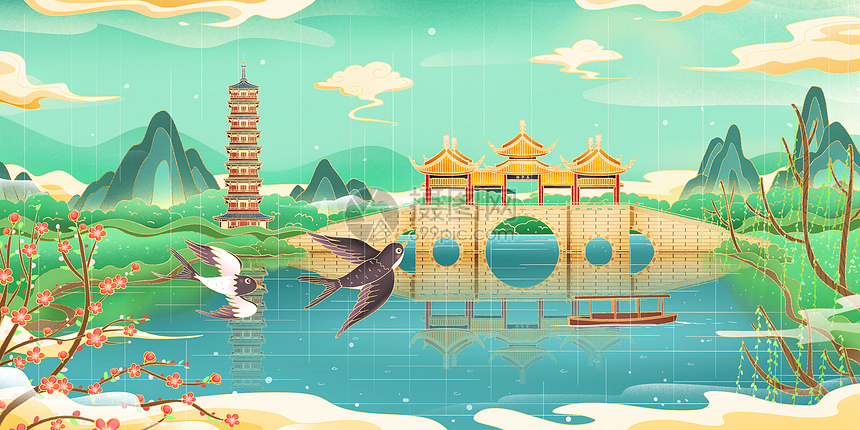 国潮鎏金城市烟花三月扬州瘦西湖地标建筑插画图片下载-正版图片