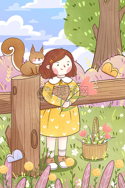 春天女孩与松鼠森林插画图片
