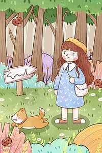 清新手绘女孩与小狗在森林插画图片