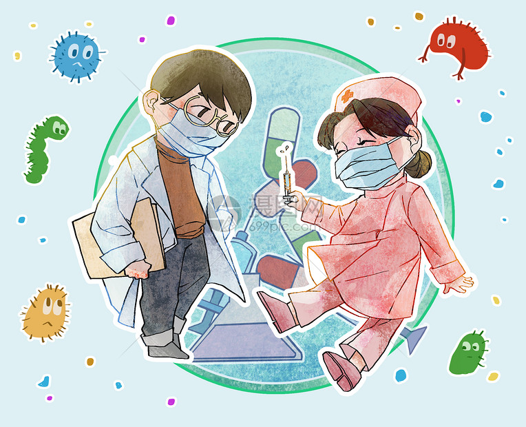 医生和护士隔离病毒抗击疫情q版插画