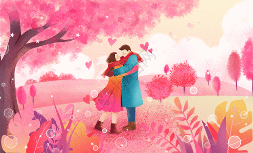 樱花树下的情侣GIF图片