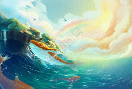 岛屿梦幻小岛与鲸鱼GIF高清图片