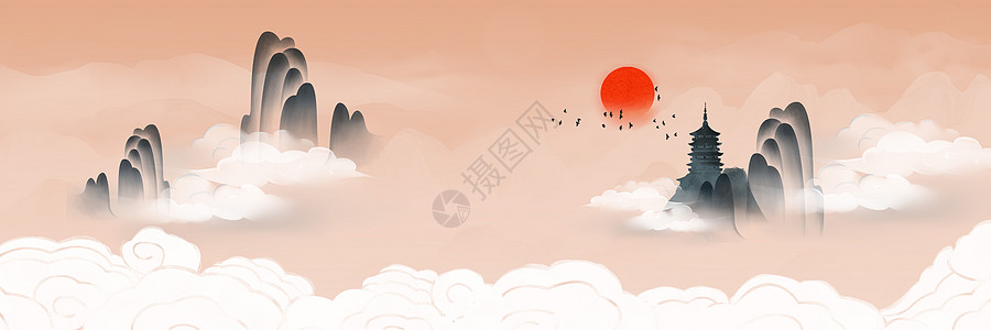 红日东升新中式背景设计图片