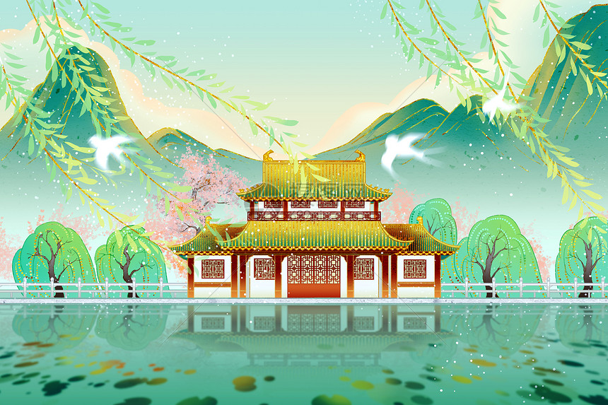 中国风传统建筑国潮春天绿色柳树桃花节气插画图片