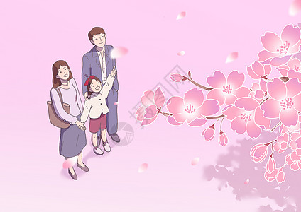 春天樱花树下的一家人图片