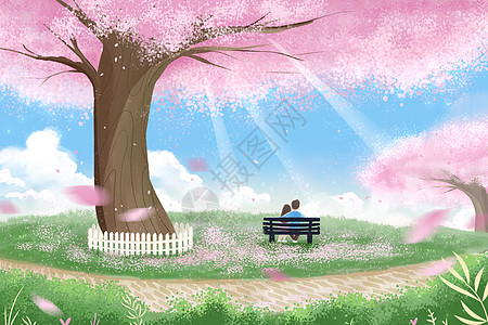 春天赏樱花的情侣背景图片
