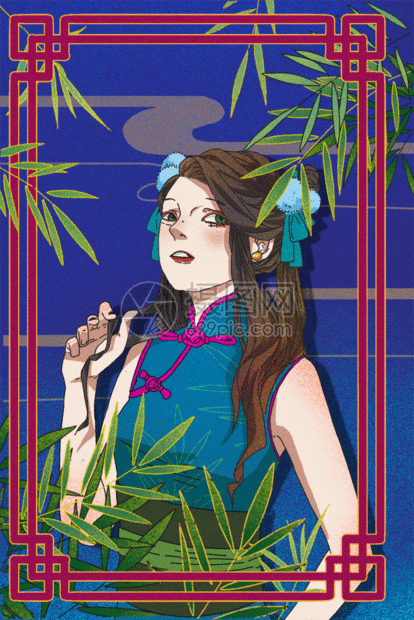 国潮美妆服饰女性装饰插画之蓝色背景有竹子gif