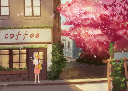 咖啡店样机咖啡店门口樱花树下的女孩GIF高清图片