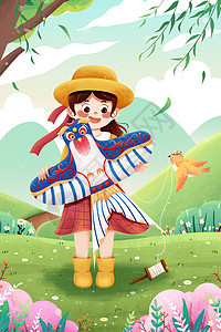 清明节放风筝女孩与鸟踏青春天插画背景图片