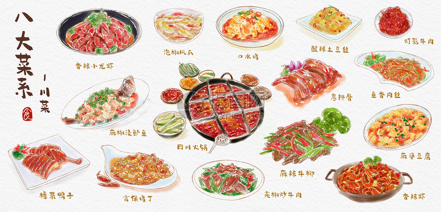 八大菜系川菜水彩手绘美食插画