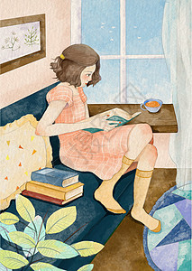 水彩读书日看书学习的女孩图片