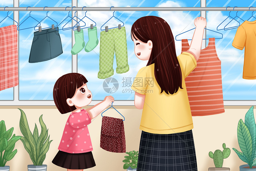 在阳台晾衣服的母女插画图片下载-正版图片401914505-摄图网