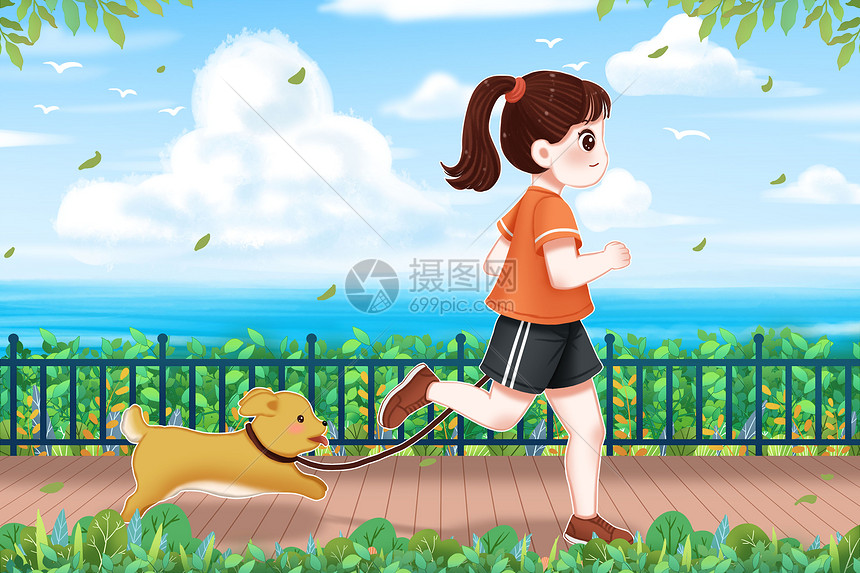 海边带着狗跑步的女孩