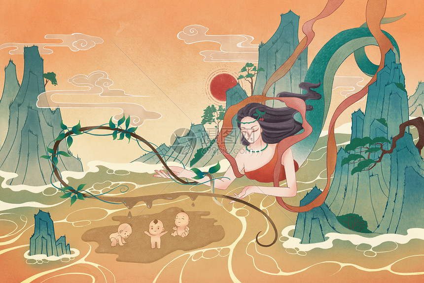 国潮风格中国神话女娲造人插画图片下载-正版图片401917314-摄图网