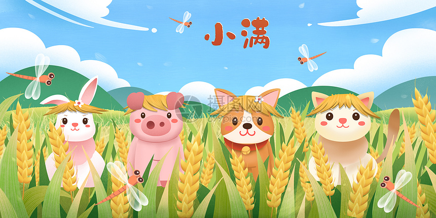 夏天小满节气麦田里的可爱动物插画