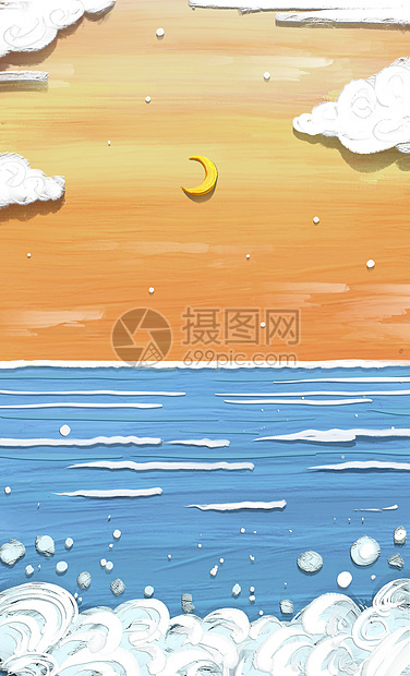 刮刀立体油画风海上星空插画图片