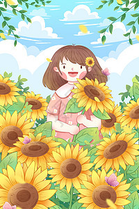 清新手绘向日葵女孩插画图片