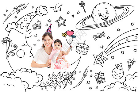 儿童节蛋糕母亲与小孩温馨亲子简笔画插画