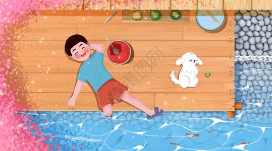 亚洲人壁纸躺在木板上享受生活的男孩GIF高清图片
