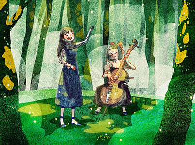 森林女夏天女孩子们在森林里演奏水彩画插画
