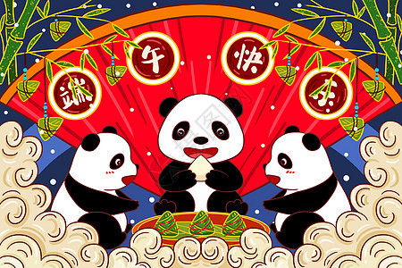 大熊猫吃粽子国潮插画图片