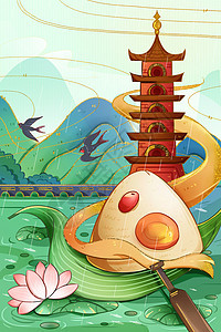 端午节国潮风荷塘上的粽子和建筑插画图片